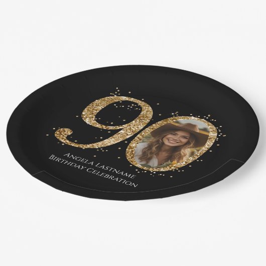 Volwassen Gouden Glitter 90e Verjaardag Foto Papieren Bordje (Gekanteld)