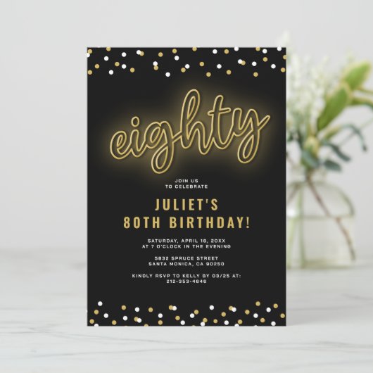 Volwassen Gouden Neon 80ste Verjaardagsfeestje Kaart (Staand voorkant)