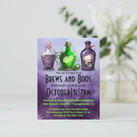 Volwassen Halloween Brews en Boos Cocktail Party Feestdagenkaart (Staand voorkant)