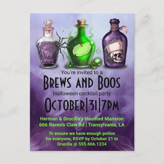 Volwassen Halloween Brews en Boos Cocktail Party Feestdagenkaart (Voorkant)