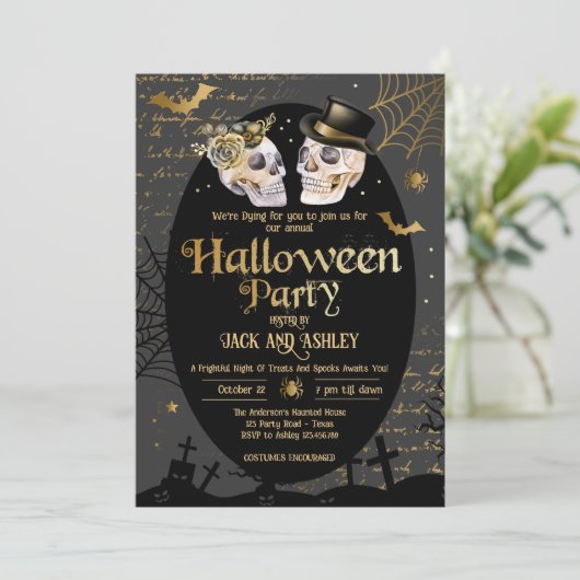 Volwassen Halloween Party  schedels Gotisch Goud Kaart (Staand voorkant)