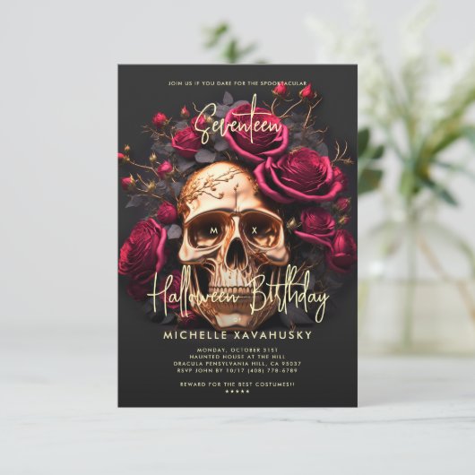 Volwassen Halloween Party zwart gouden schedel rod Kaart (Staand voorkant)