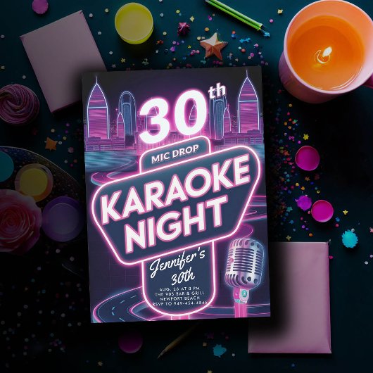 Volwassen Karaoke 90s Neon Pink Glow 30e verjaarda Kaart
