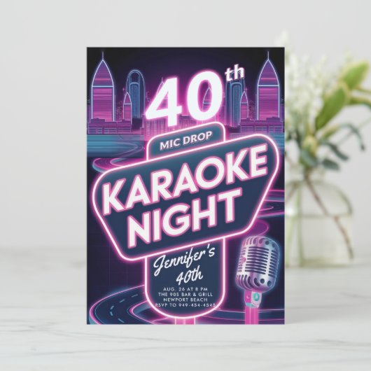 Volwassen Karaoke 90s Neon Pink Glow 40e verjaarda Kaart (Staand voorkant)