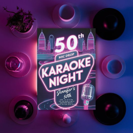 Volwassen Karaoke 90s Neon Pink Glow 50e verjaarda Kaart