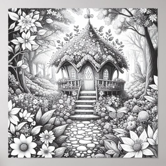 Volwassen Kleurplaten Bloemen Fairy House Bos Poster (Voorkant)