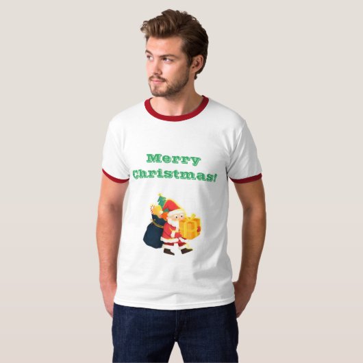 Volwassen M Wit/Rood Kerstwensen Bedrukte Ringer T-shirt (Voorkant volledig)