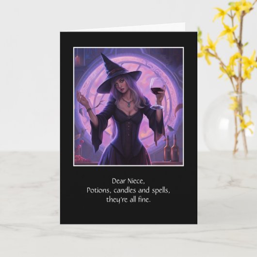 Volwassen nichtje Happy Halloween Funny Witch Wine Kaart (Gele Bloem)