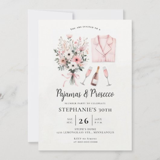 Volwassen PJ Sleepover Pyjama Prosecco 30e Verjaar Kaart (Voorkant)