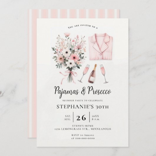 Volwassen PJ Sleepover Pyjama Prosecco 30e Verjaar Kaart (Voorkant / Achterkant)