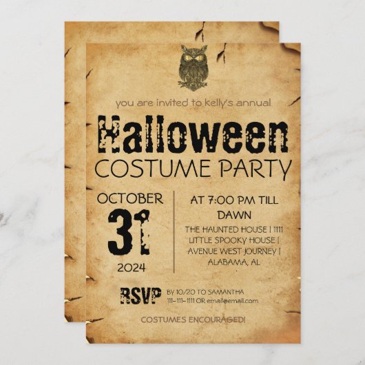 Volwassen Uil  Gothic Halloween Kostuumfeest Kaart (Voorkant / Achterkant)