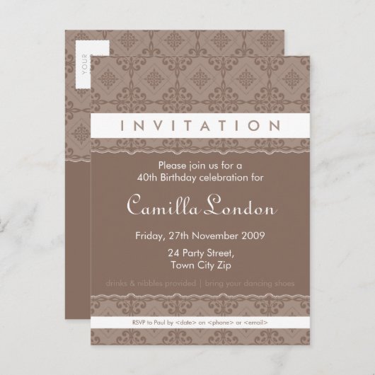 VOLWASSEN VERJAARDAG UITNODIGING:: sierlijk patter Uitnodiging Briefkaart (Voorkant / Achterkant)