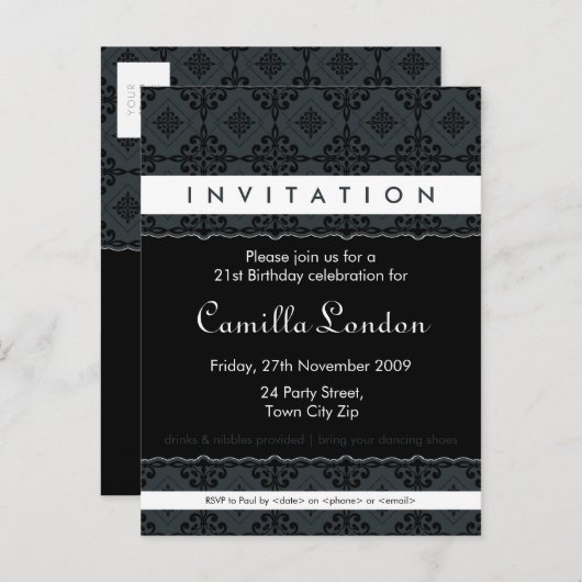 VOLWASSEN VERJAARDAG UITNODIGING:: sierlijk patter Uitnodiging Briefkaart (Voorkant / Achterkant)