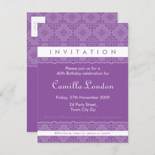 VOLWASSEN VERJAARDAG UITNODIGING:: sierlijk patter Uitnodiging Briefkaart (Voorkant / Achterkant)