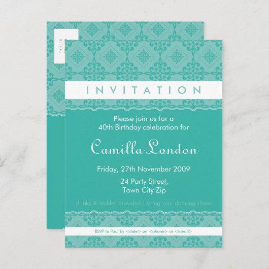 VOLWASSEN VERJAARDAG UITNODIGING:: sierlijk patter Uitnodiging Briefkaart (Voorkant / Achterkant)