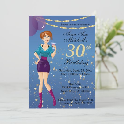Volwassen verjaardagsfeestje meisje in blauwe uitn kaart (Staand voorkant)