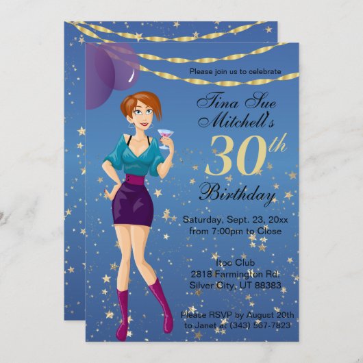 Volwassen verjaardagsfeestje meisje in blauwe uitn kaart (Voorkant / Achterkant)