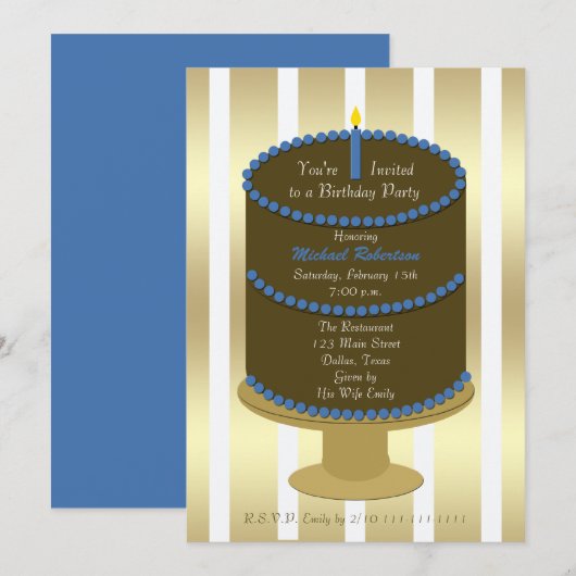 Volwassen verjaardagsfeesttaart met blauw accent v kaart (Voorkant / Achterkant)