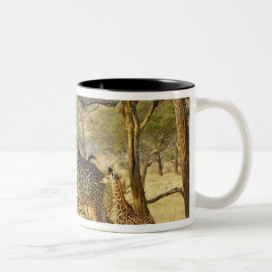 Volwassen vrouwelijke en jonge giraffe, Giraffa Tweekleurige Koffiemok