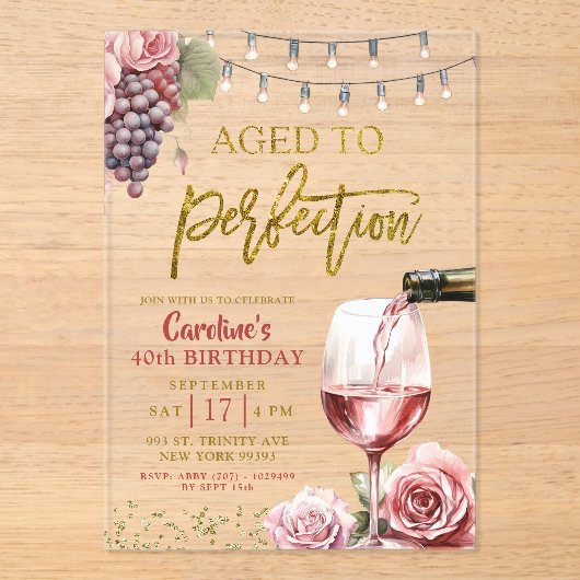 Volwassen wijn 50ste verjaardag acryl uitnodigingen (Voorkant)