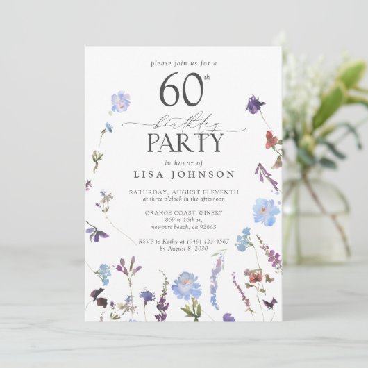  Volwassene 60ste Verjaardagsfeestje Blauwe Wildbl Kaart (Staand voorkant)