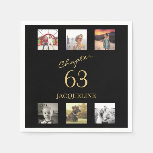 Volwassene 6 foto zwart goud verjaardag servet (Voorkant)