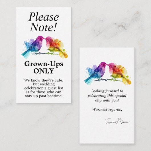 Volwassenen Alleen LGBTQ+ Rainbow Lovebirds Informatiekaartje (Voorkant / Achterkant)