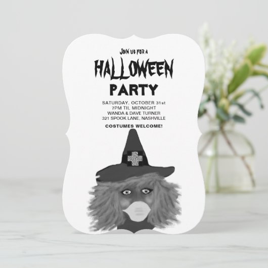 Volwassenen Black and White Witch Halloween Party Kaart (Staand voorkant)