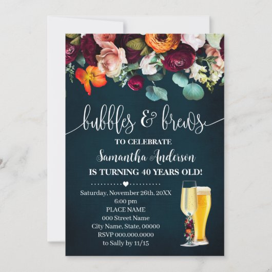Volwassenen Verjaardag Bubbels & Brews Wijnbloemen Kaart (Voorkant)