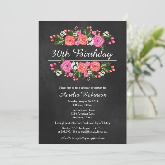 Volwassenendag Uitnodiging, florale krijtbordstijl Kaart (Staand voorkant)