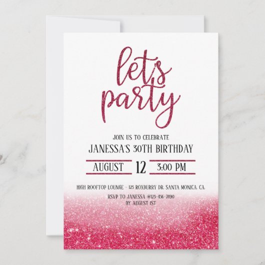 VOLWASSENPARTIJ, GLITTER INVITE, PINK, LATEN PARTI (Voorkant)