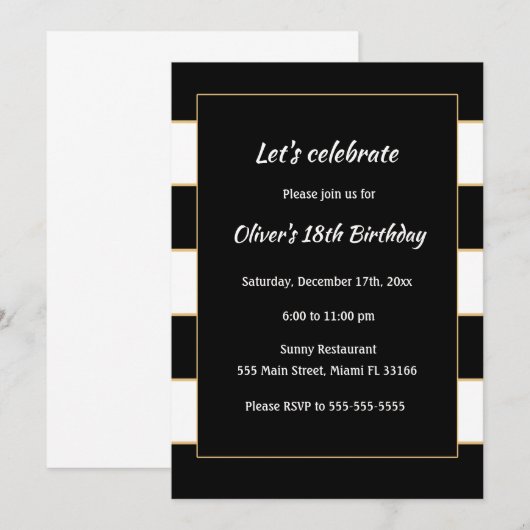 Volwassenverjaardag Uitnodiging Black White Stripe (Voorkant / Achterkant)