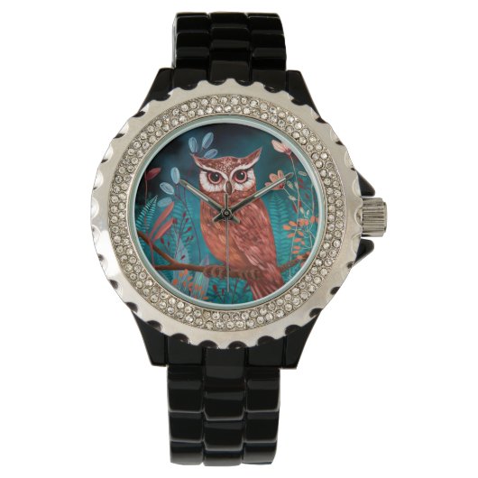 Vom Künstler handillustrierte Eule – Boho Natur Horloge (Voorkant)