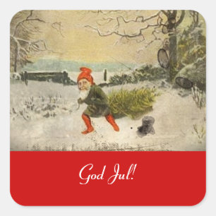 Vomtage Nisse brengt de kerstboom thuis Vierkante Sticker