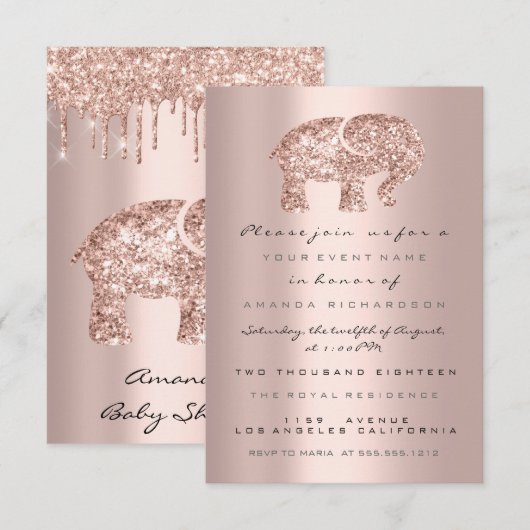 Vonk Glitter Drift Roos Baby shower Elephant Kaart (Voorkant / Achterkant)
