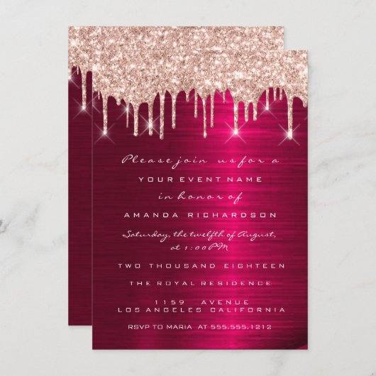 Vonk Glitter Drips Roos Red Marsala Bridal 16th Kaart (Voorkant / Achterkant)