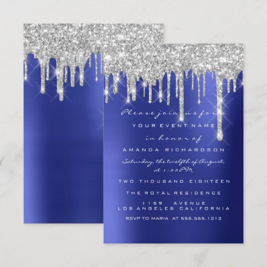 Vonk Glitter Drips Silver Navy Bridal Sweet 16th Kaart (Voorkant / Achterkant)