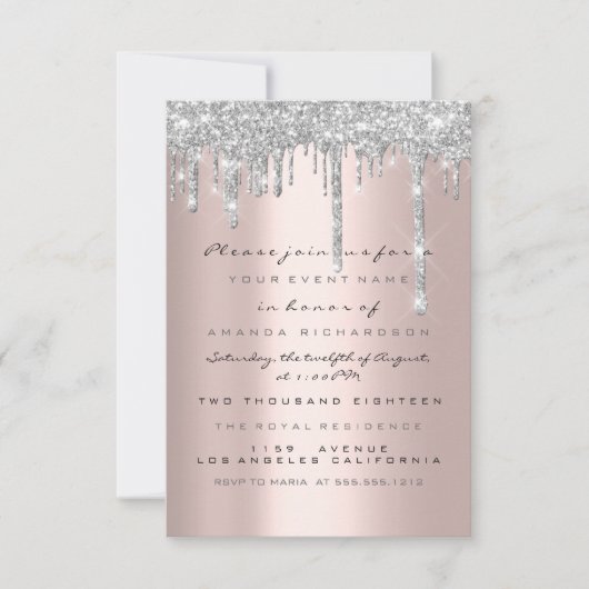 Vonk Glitter Drips Silver Roos Bridal Sweet 16th Kaart (Voorkant)