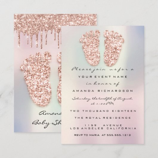 Vonken Glitters Druppels Roze Pastel Baby Shower V Kaart (Voorkant / Achterkant)