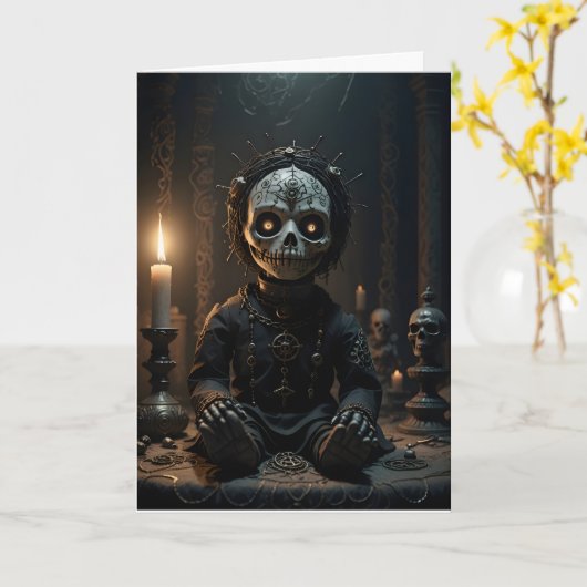 Voodoo Doll Candles Skulls Halloween Kaart (Gele Bloem)
