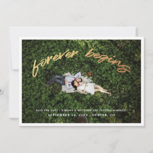 Voor altijd begint   Gouden Save the Date-fotokaar Date