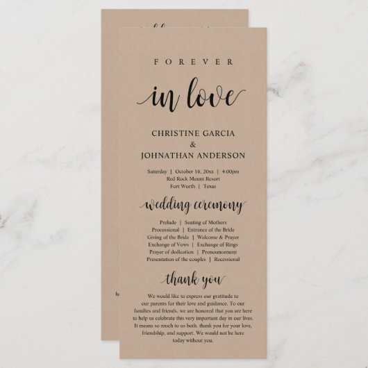 Voor altijd in liefde, Modern Wedding Ceremonie, k Programmakaart (Voorkant / Achterkant)