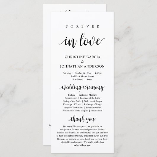 Voor altijd in liefde, Modern Wedding Ceremonie Programmakaart (Voorkant / Achterkant)