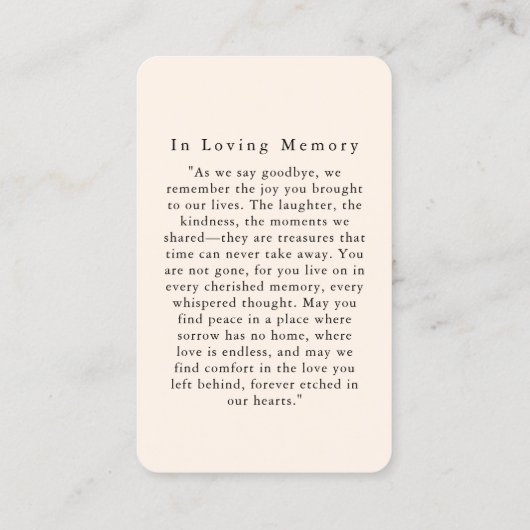 "Voor altijd in ons hart", begrafenisgebed Visitekaartje (Achterkant)