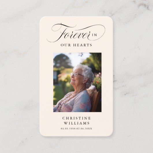 "Voor altijd in ons hart", begrafenisgebed Visitekaartje (Voorkant)