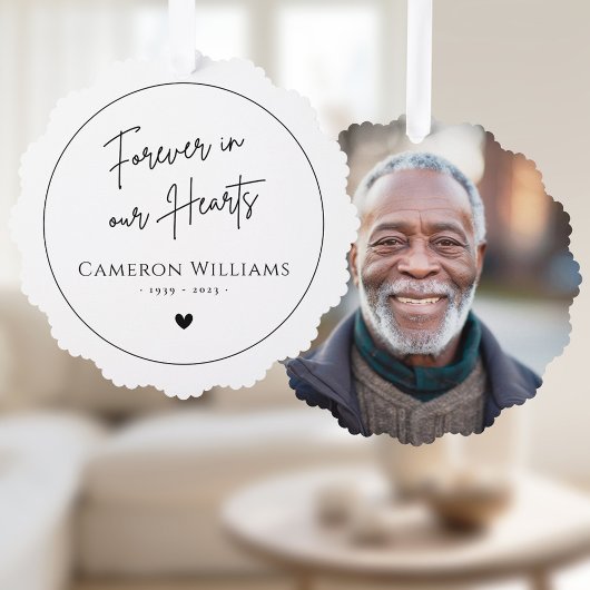 Voor altijd in ons hart gedenkfoto modern wit ornament kaart