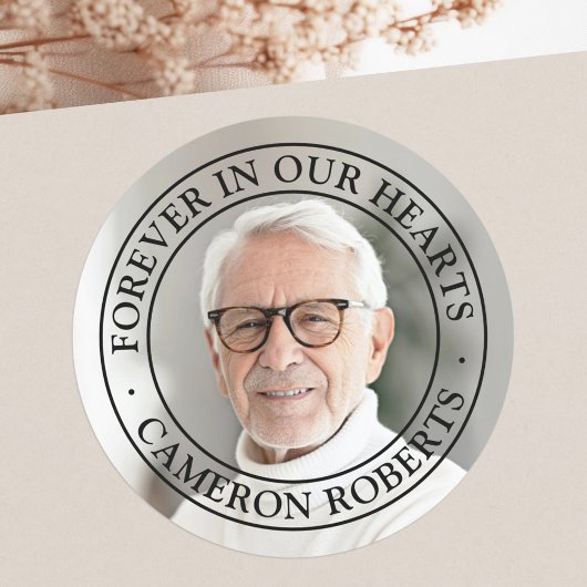 Voor altijd in ons hart gedenkteken volledige foto ronde sticker