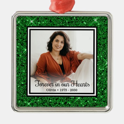Voor altijd in ons hart Groene Glitter Metalen Ornament (Voorkant)