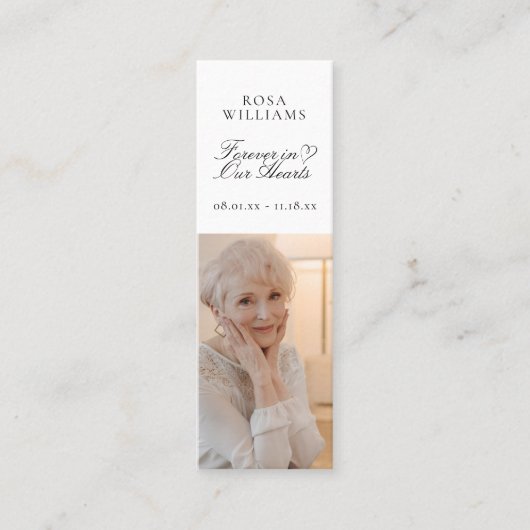 Voor altijd in ons hart Memorial Bladwijzer Card Mini Visitekaartje (Voorkant)