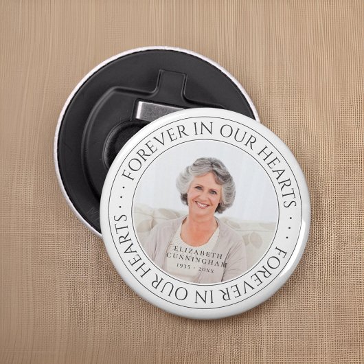 Voor altijd in ons hart Memorial Elegant Foto Button Flesopener